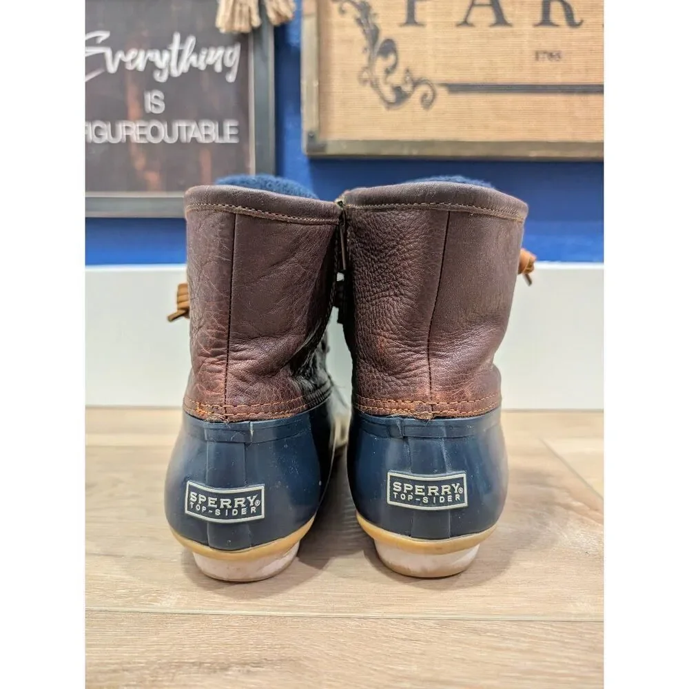 Sperry Duck Boots Women’s 9 Brown Leather & Navy Rubber Waterproof Rain Boots EU